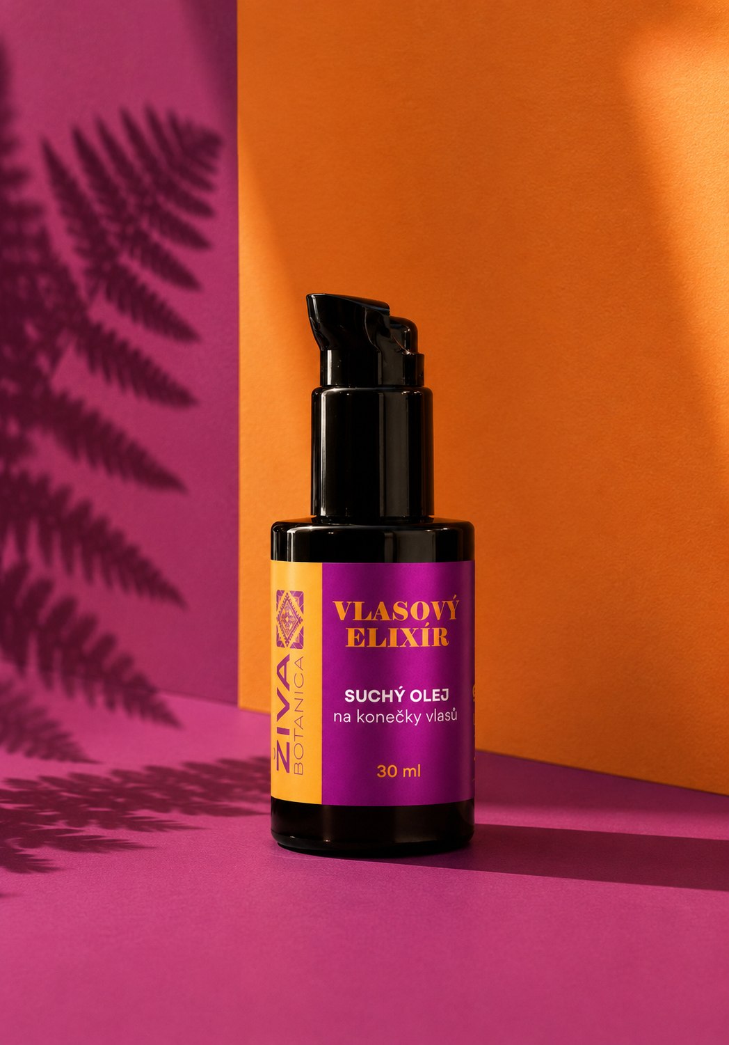 Vlasový elixír Živa Botanica na růžovo-oranžovém pozadí